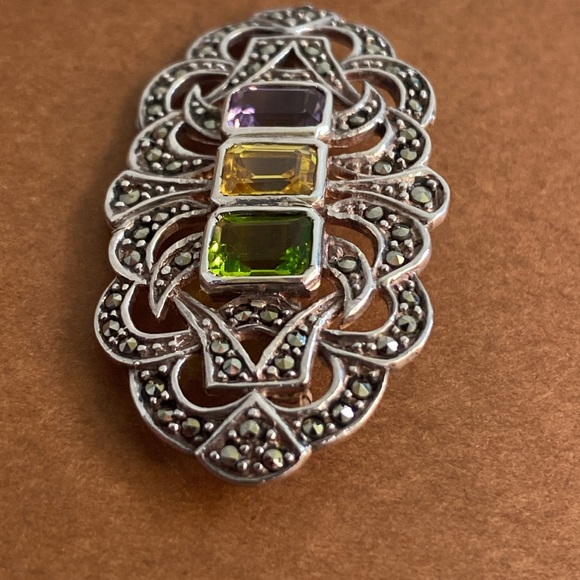Vintage Sterling Silver Amethyst Citrine Peridot & Marcasite Brooch Pin - Picture 4 of 11